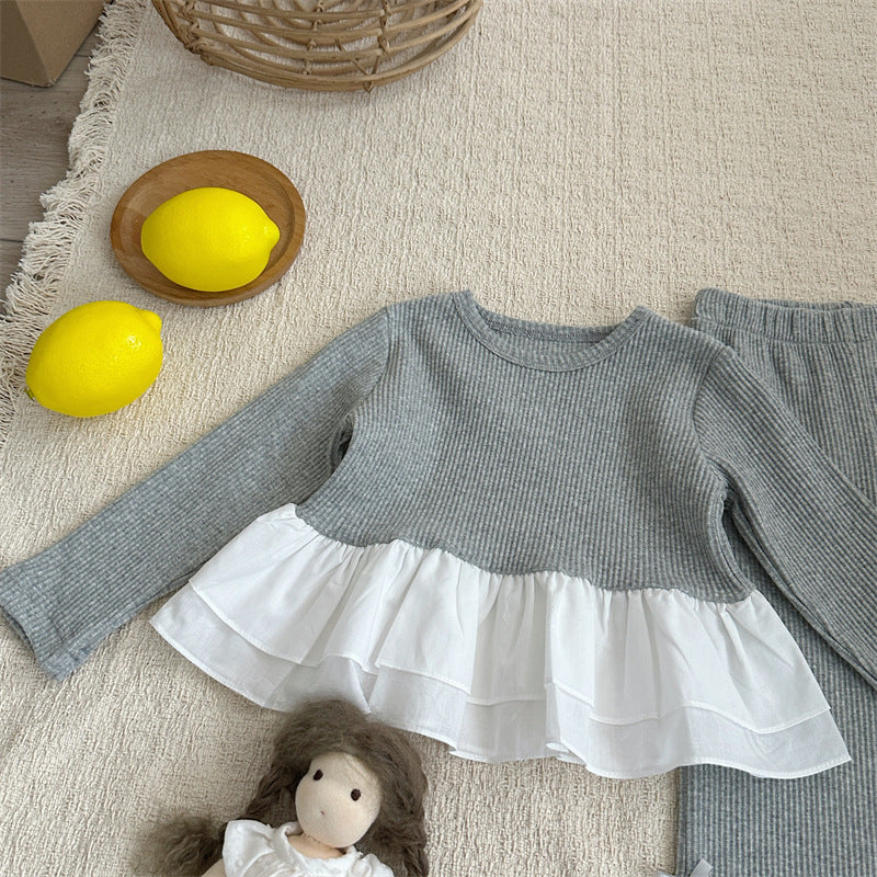 Conjunto de camiseta de manga larga acanalada con volantes y lazo para niña y pantalón acampanado【mh0014151】