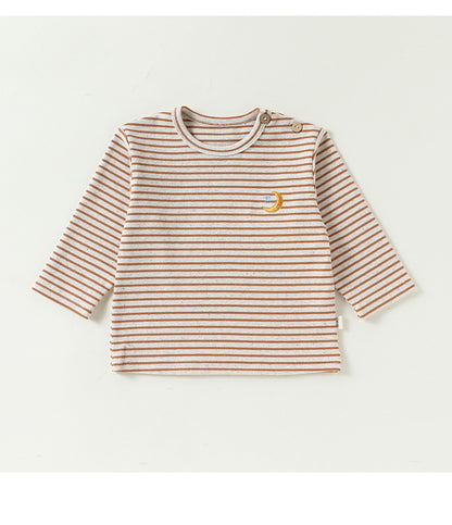 ボーダー柄 長袖ヘンリーネックTシャツ（ブラウン系×オレンジ）