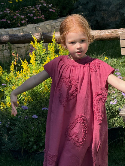 Heart-Embroidered Vintage A-Line Dress ハート 半袖ワンピース【mh0013253】
