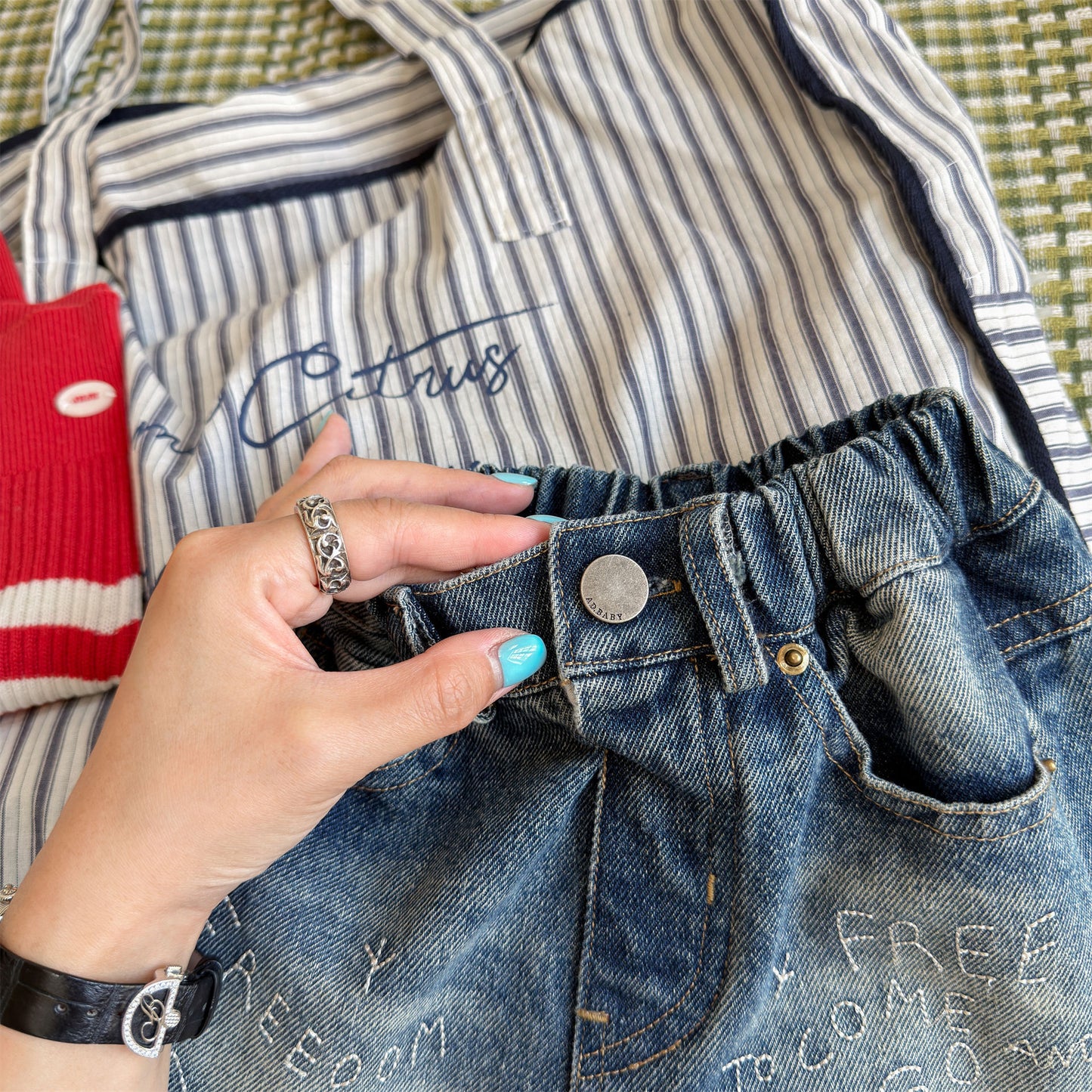 Kids' Hand-Drawn Print Pocket Loose Denim Pants [mh0014063]