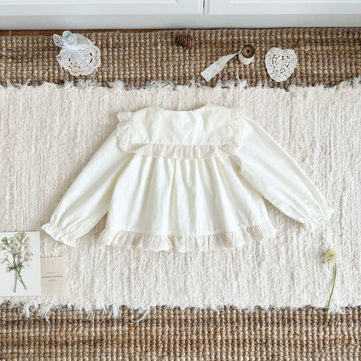 キッズ 刺繍 レース フリル 丸襟 長袖ブラウス【mh0014611】