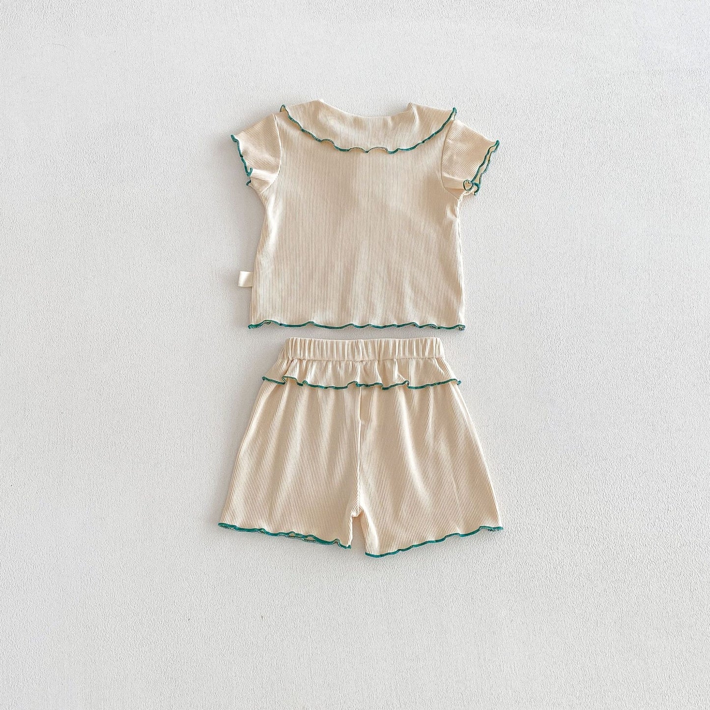 Ribbon Scalloped Collar Set-up リボン柄 セーラー襟 半袖セットアップ【mh0012703】