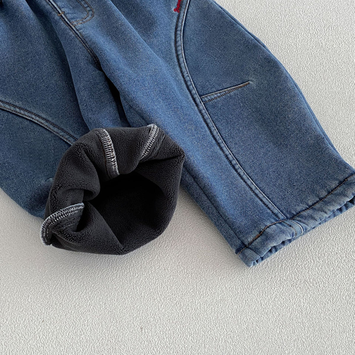 キッズ ステッチ切替 刺繍 デニム 裏起毛 カーブ ロングパンツ【mh0014764】