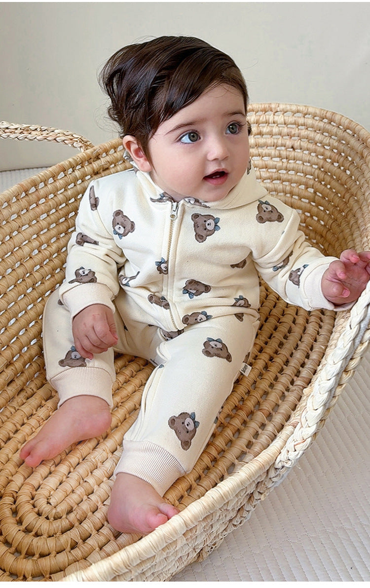 長袖ジップアップジャンプスーツ フーディロンパース ベアくまプリント【mh0011721】