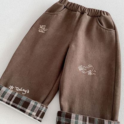 キッズ ロールアップ チェック 刺繍 裏起毛 ストレート ロングパンツ【mh0014767】