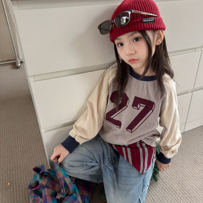 キッズ ナンバープリント 配色ラグランスリーブ 長袖Tシャツ【mh0014560】
