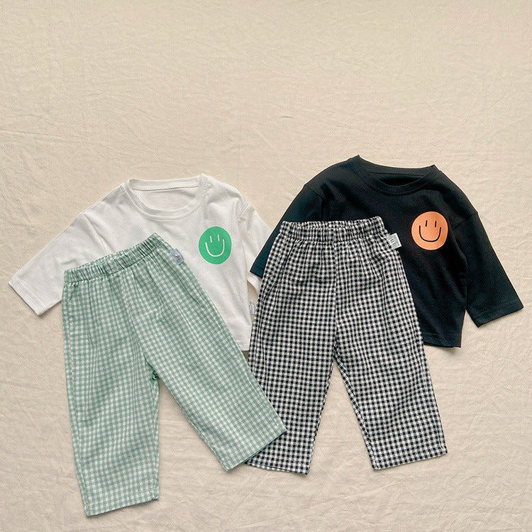 Smiley Long Sleeve Tee & Plaid Pants Set スマイル プリント チェック柄 セットアップ【mh0012672】