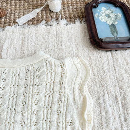 キッズ フラワー 透かし編み フリル 刺繍 ニット ベスト 長袖 ブラウス【mh0014609】