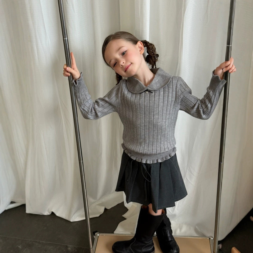 Kids' Ribbed Knit Round Neck Long-Sleeve Pullover with Frills