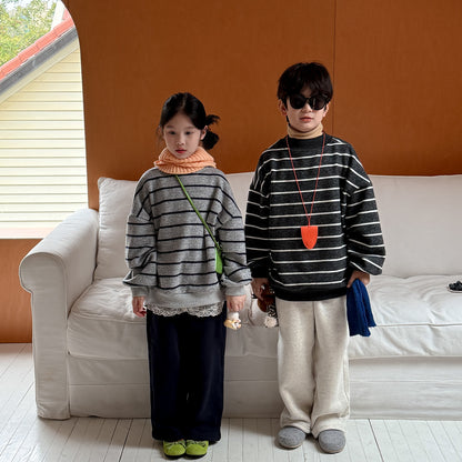 長袖スウェットシャツ キッズ ボーダー柄 裏起毛 厚手 クルーネック ルーズフィット【mh0011671】