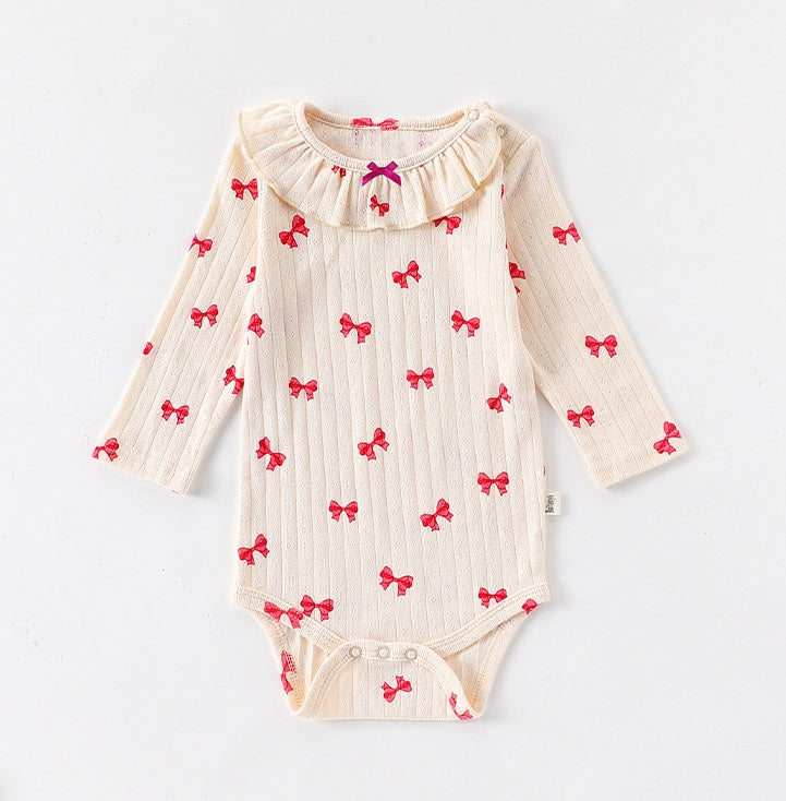 長袖ロンパース ラッフル襟 リボンプリント ボディスーツ【mh0011728】