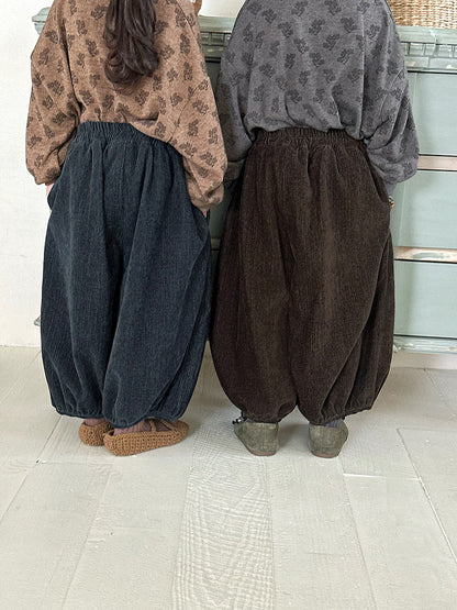 キッズ用バルーンワイドパンツ、ネイビーとコーヒー色／ウエストゴム