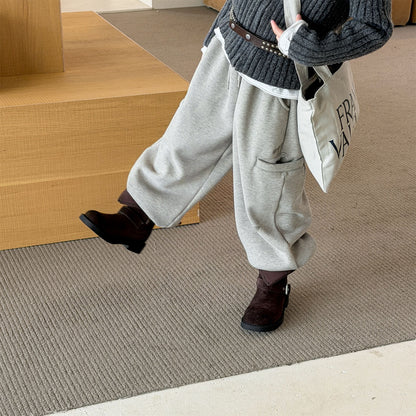 Pantalones largos de felpa para niños, corte holgado con cintura elástica y forro polar [mh0014538]