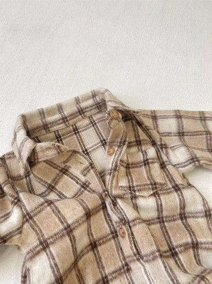 長袖ロンパース チェック シャツ襟 ボディスーツ【mh0011633】