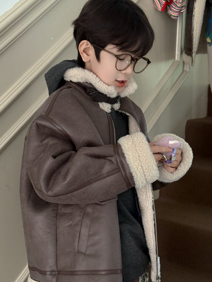 フェイクムートンジャケット キッズ ボア 厚手 ラペル フェイクレザー アウター【mh0011677】