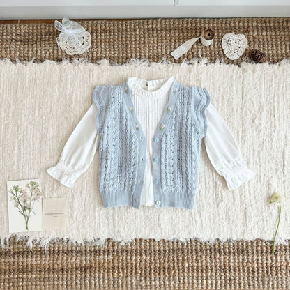 キッズ フラワー 透かし編み フリル 刺繍 ニット ベスト 長袖 ブラウス【mh0014609】