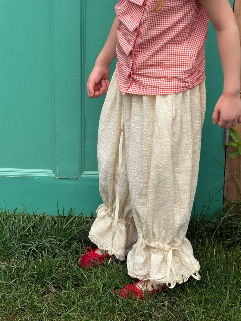 Asymmetric Plaid Shirt Long Pants 半袖パフスリーブブラウス フリルロングパンツ【mh0013236】