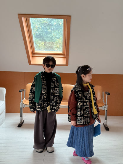 ボアジャケット キッズ 総柄 レトロ 厚手 ノーカラー もこもこ アウター【mh0011658】