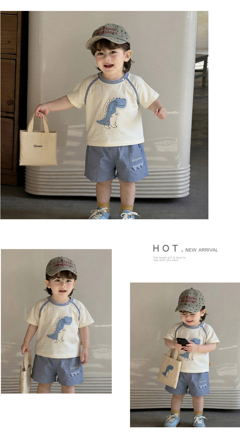 Cartoon Dinosaur Set 恐竜 刺繍 半袖Tシャツ ショートパンツ【mh0012856】