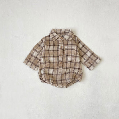 長袖ロンパース チェック シャツ襟 ボディスーツ【mh0011633】