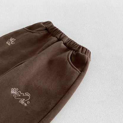 キッズ ロールアップ チェック 刺繍 裏起毛 ストレート ロングパンツ【mh0014767】