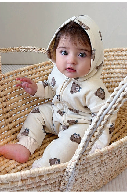 長袖ジャンプスーツ フーディジップアップ クマ柄 裏起毛【mh0011714】