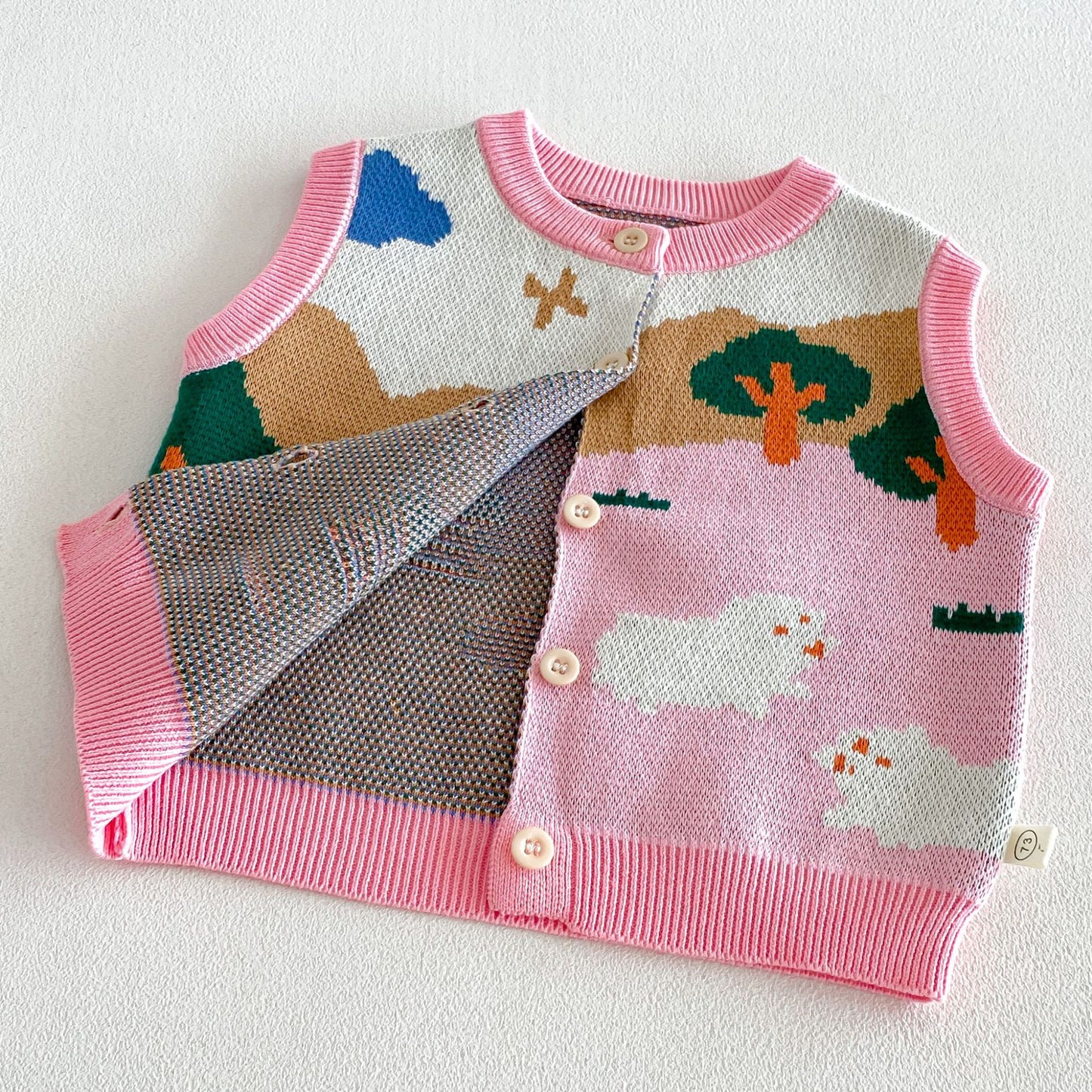 Chaleco de punto jacquard para niños, camisa de manga larga con volantes, pantalones vaqueros【mh0014038】