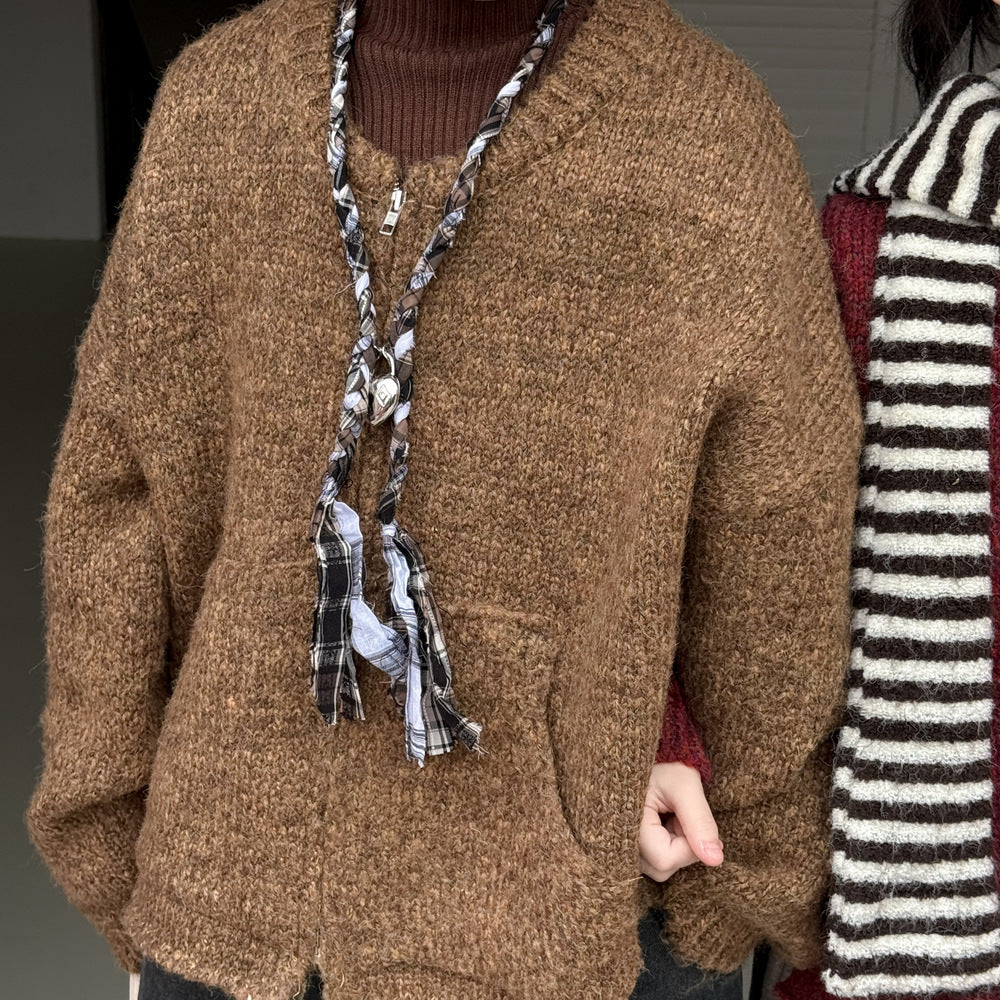 ニットカーディガン キッズ 裏起毛 厚手 無地 ジップアップ カジュアル【mh0011682】