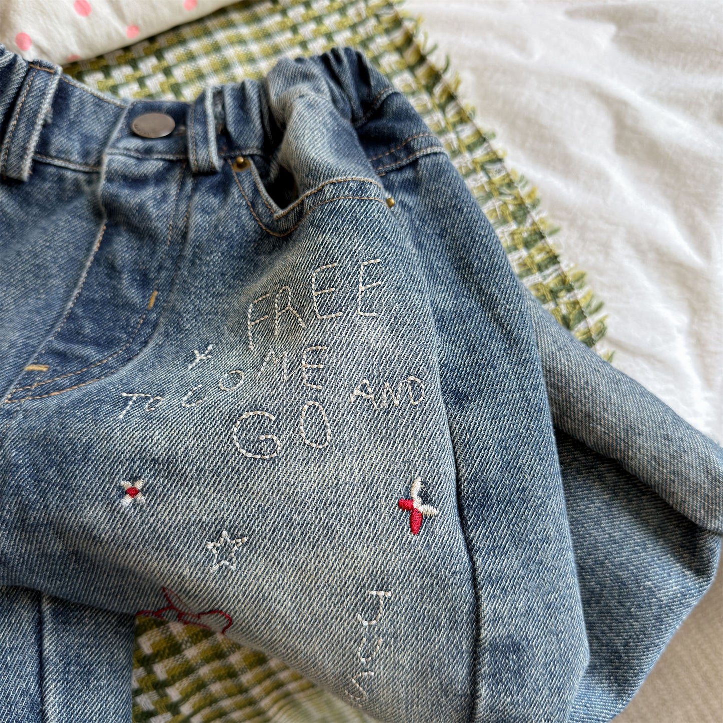 Kids' Hand-Drawn Print Pocket Loose Denim Pants [mh0014063]