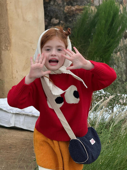 長袖ニットセーター ビッグアイ もこもこ目玉 プルオーバー 丸首 ゆる可愛【mh0011740】