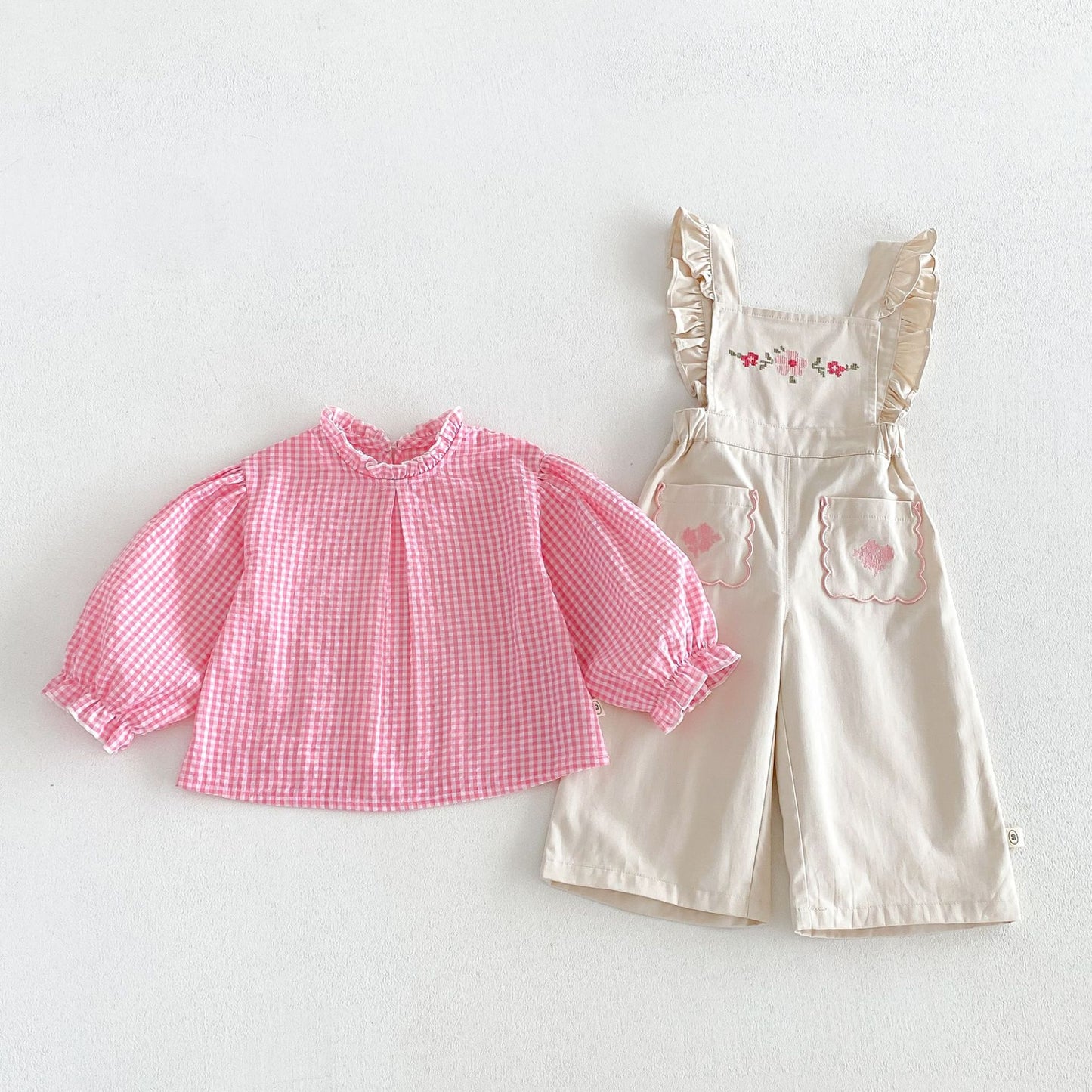 Blusa de manga larga con estampado de cuadros vichy para niños, con bordado floral y peto con pantalón [mh0014043]