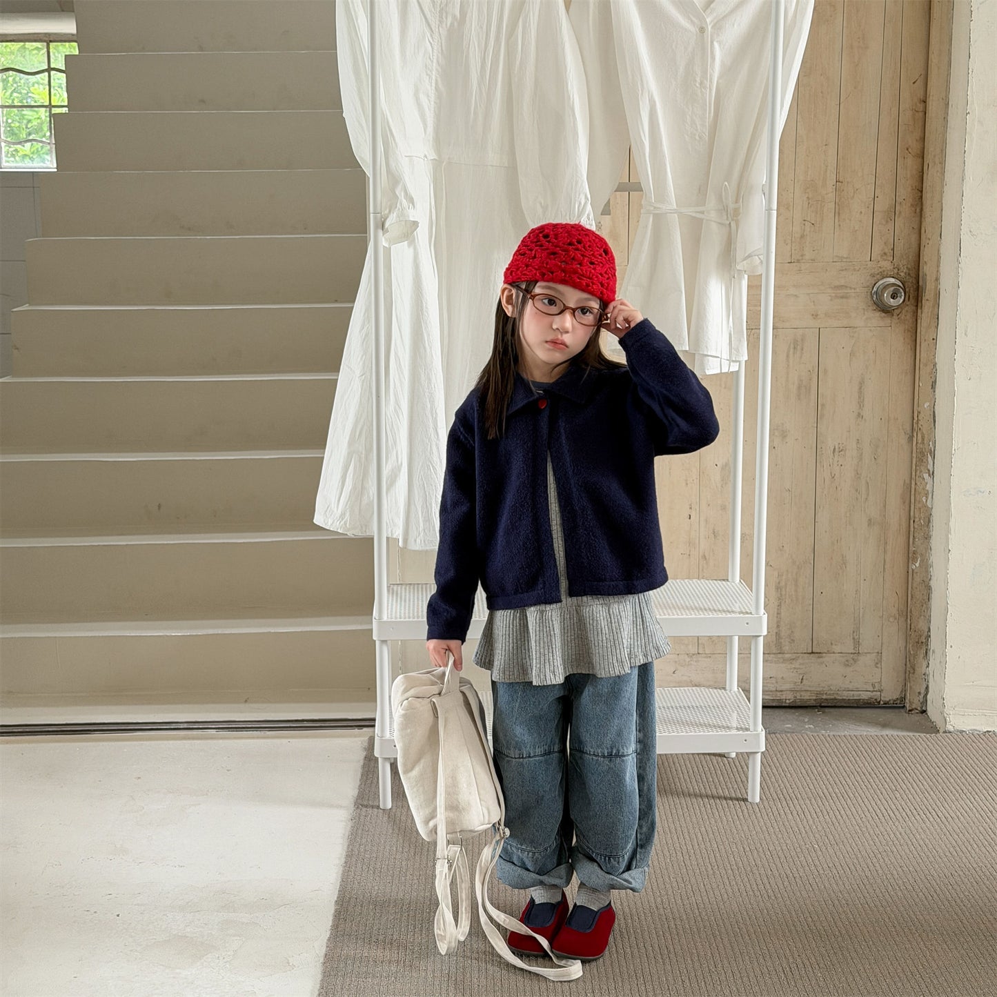 Kids' Polka Dot Collared Button-Up Long-Sleeve Knit Cardigan [mh0014056]