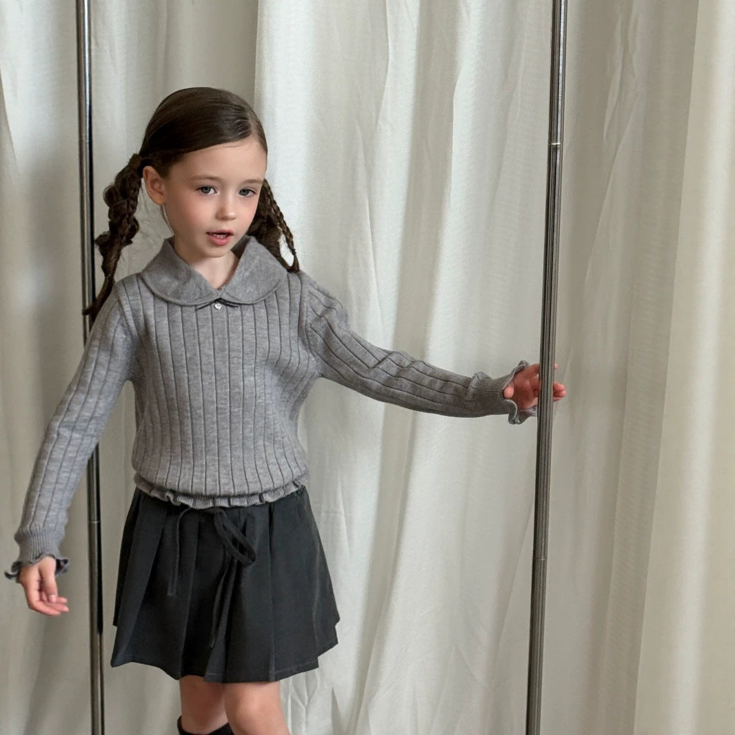 Kids' Ribbed Knit Round Neck Long-Sleeve Pullover with Frills
