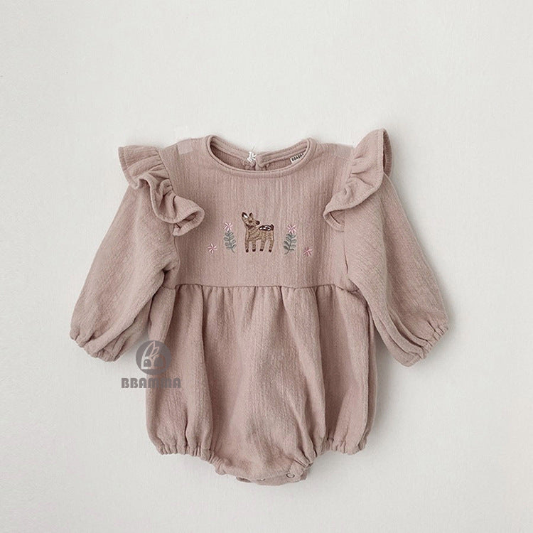 Fawn Embroidered Ruffle Bodysuit 小鹿 刺繍 フリル 長袖ロンパース【mh0012696】
