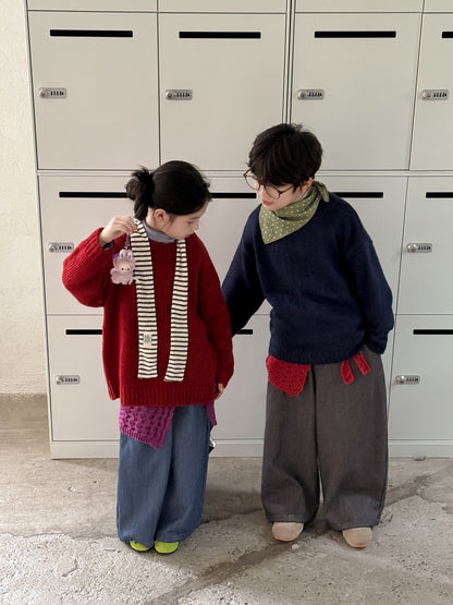 ニットセーター キッズ 裏起毛 厚手 クルーネック 無地 ルーズフィット プルオーバー【mh0011674】