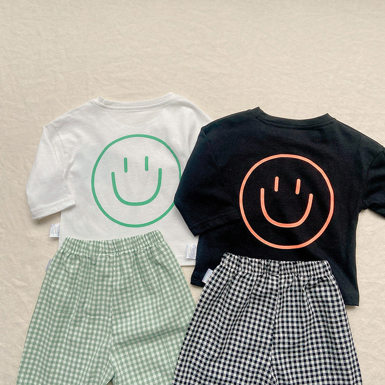 Smiley Long Sleeve Tee & Plaid Pants Set スマイル プリント チェック柄 セットアップ【mh0012672】