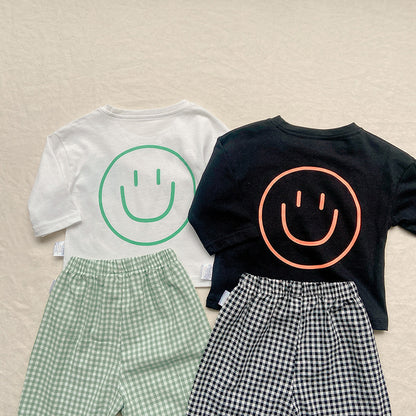 Smiley Long Sleeve Tee & Plaid Pants Set スマイル プリント チェック柄 セットアップ【mh0012672】