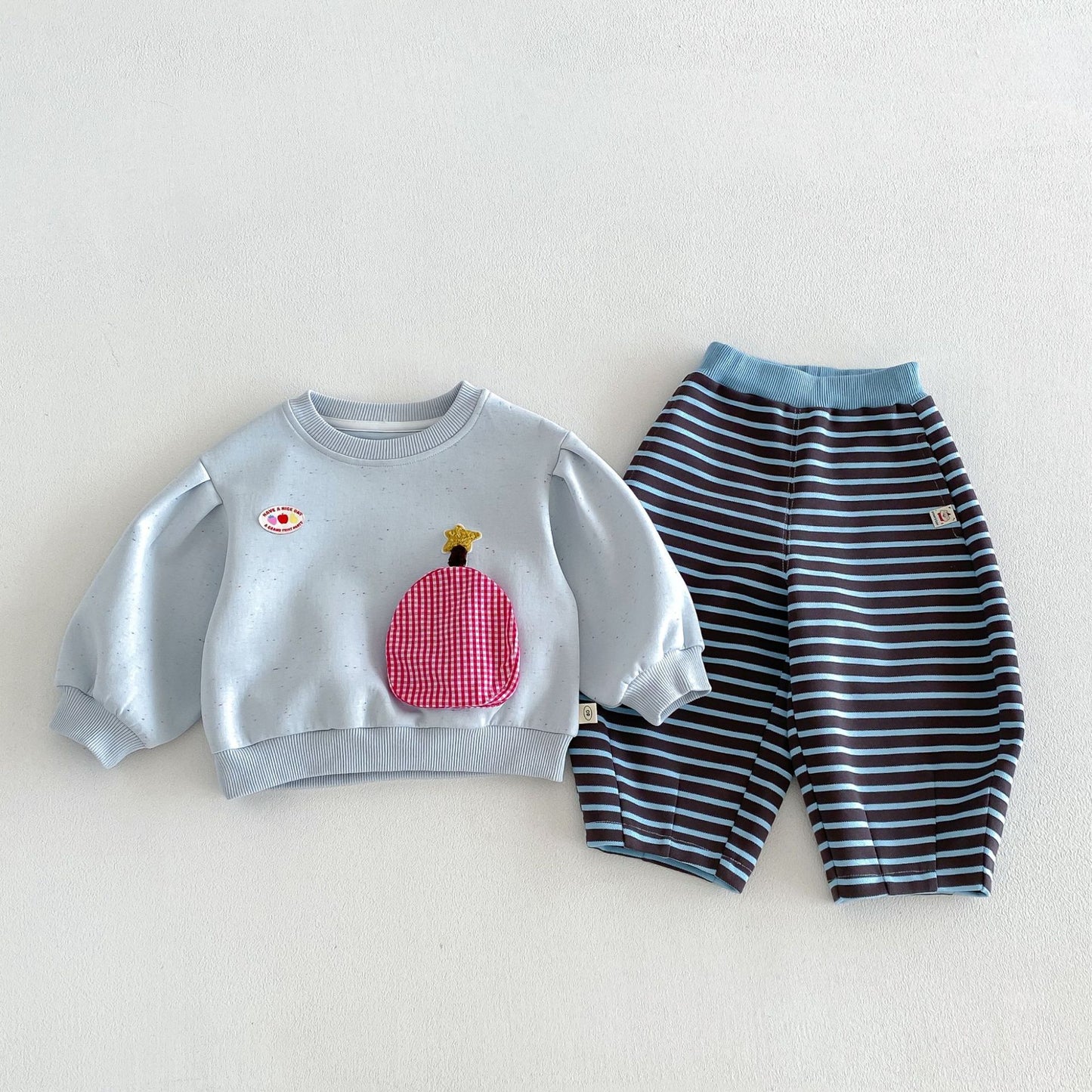 キッズ フルーツ ポケット パッチ 長袖スウェット ボーダー ロングパンツ【mh0014039】