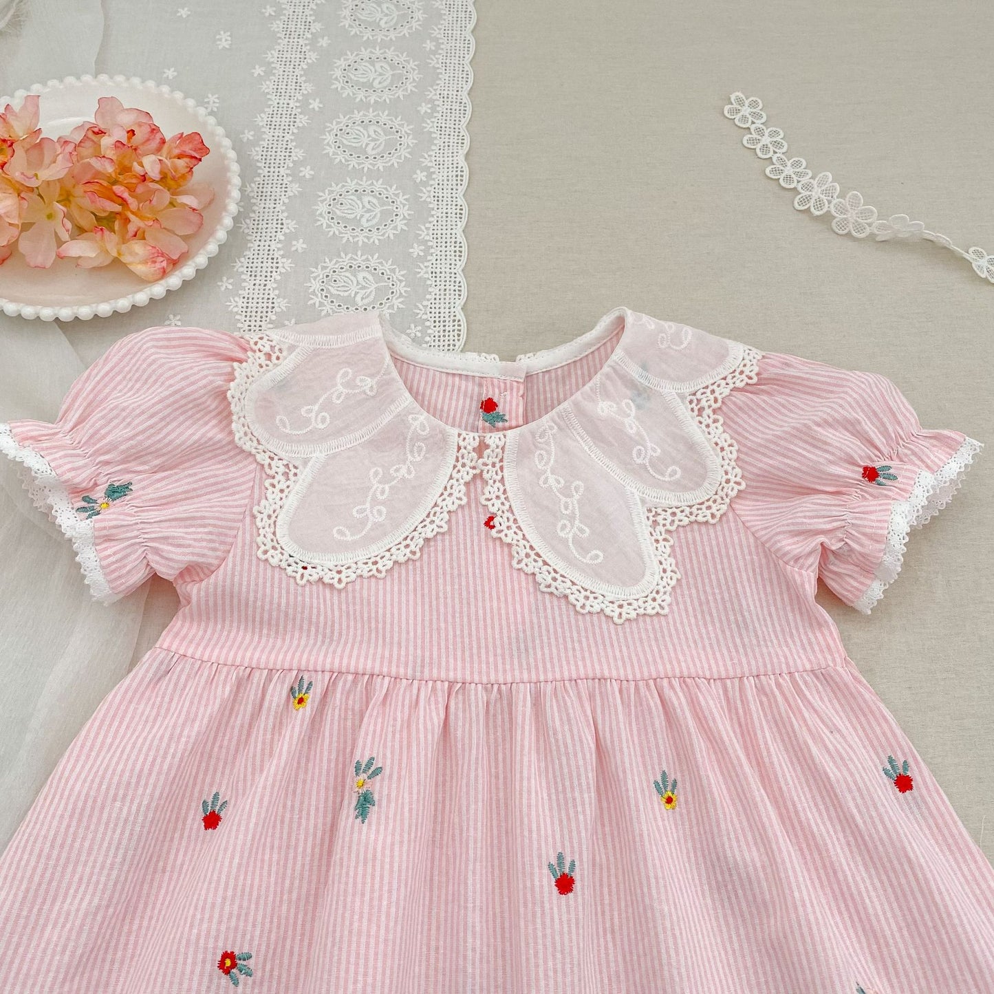 Stripe Embroidery Romper Dress Mono-vestido con bordados de rayas [mh0013168]