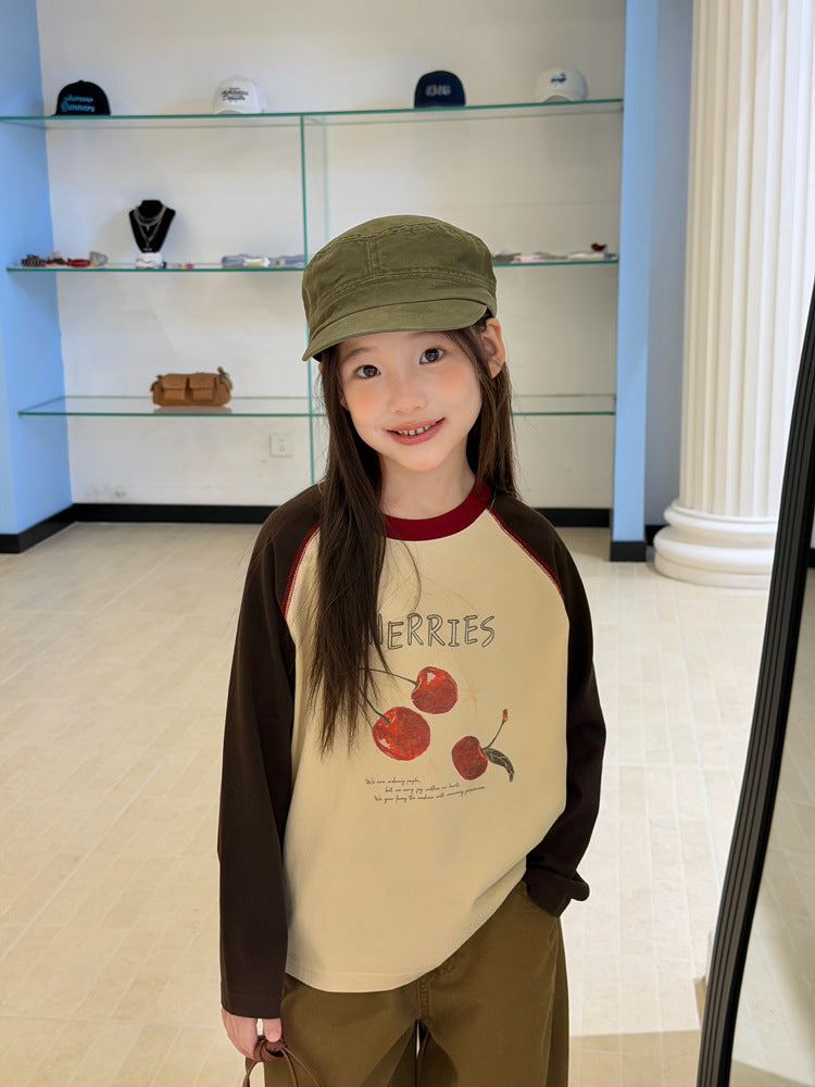 キッズ ジュニア 配色 バイカラー ラグラン プリント 長袖Tシャツ【mh0014416】