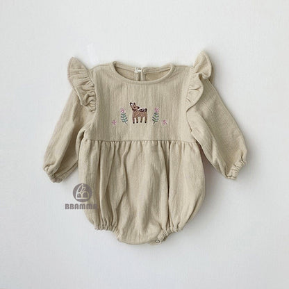 Fawn Embroidered Ruffle Bodysuit 小鹿 刺繍 フリル 長袖ロンパース【mh0012696】