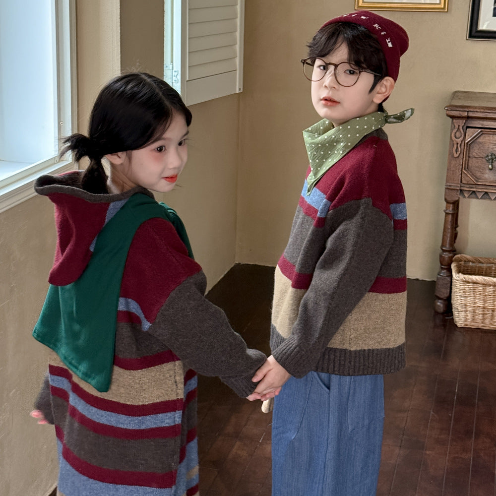 ニットワンピース/セーター キッズ ボーダー柄 厚手 ルーズフィット 兄弟姉妹 お揃い【mh0011676】