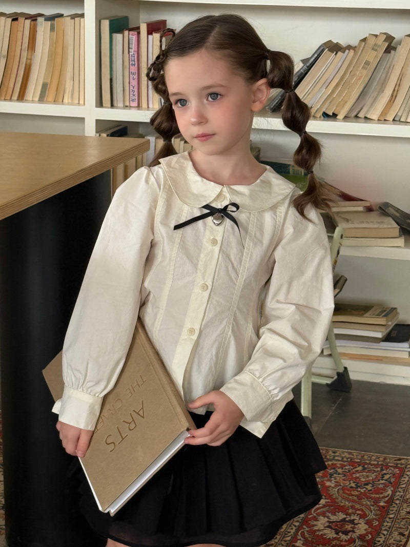 Kids' Peter Pan Collar Long-Sleeve Blouse with Front Ribbon and Pintucks [mh0014070]