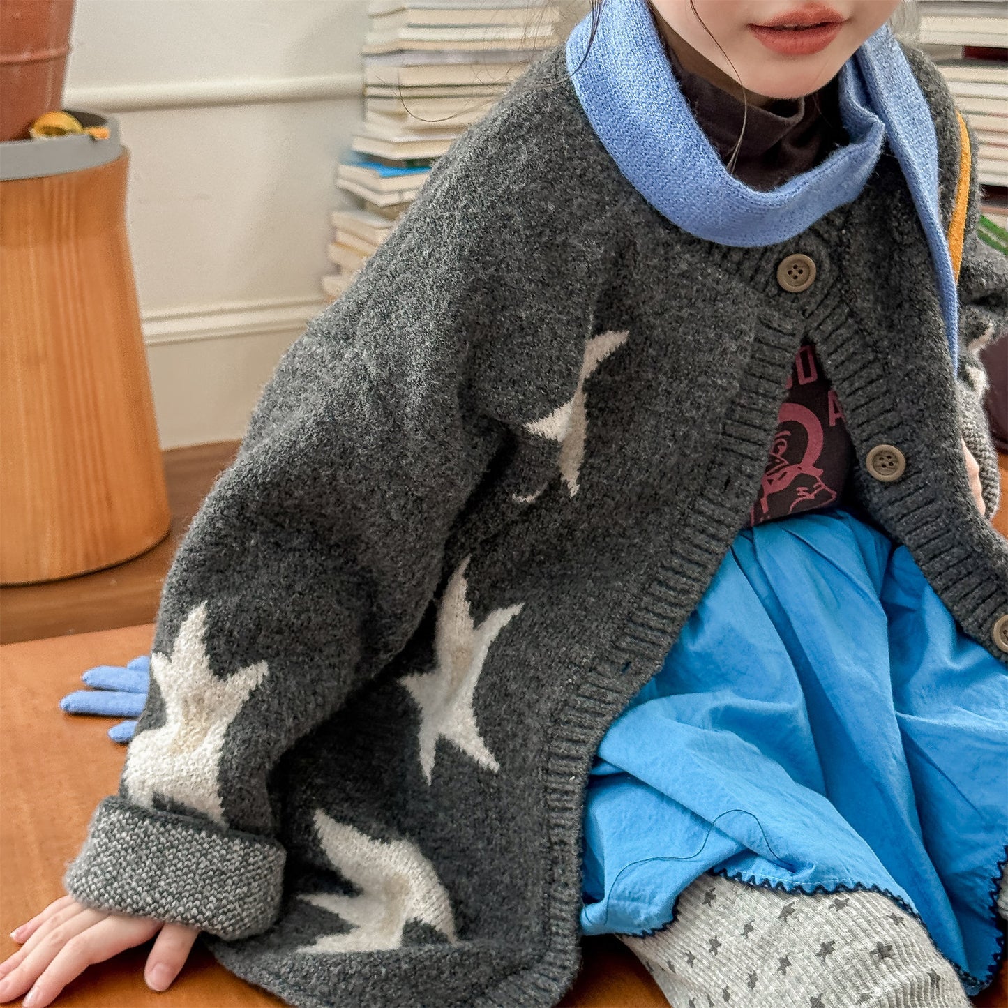 ニットカーディガン スター星 モノトーン ラグラン カジュアル アウター【mh0011612】