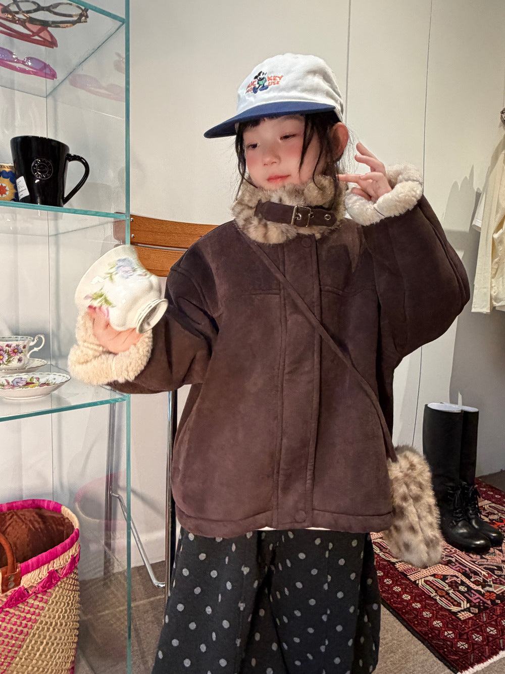 Chaqueta de antelina con cuello de pelo de leopardo y pantalones largos de lunares para niños y jóvenes 【mh0014693】