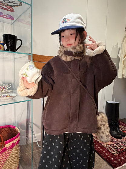 Chaqueta de antelina con cuello de pelo de leopardo y pantalones largos de lunares para niños y jóvenes 【mh0014693】