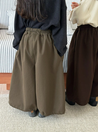 キッズ ルーズワイドパンツ、カーキとブラウンの切替ステッチ