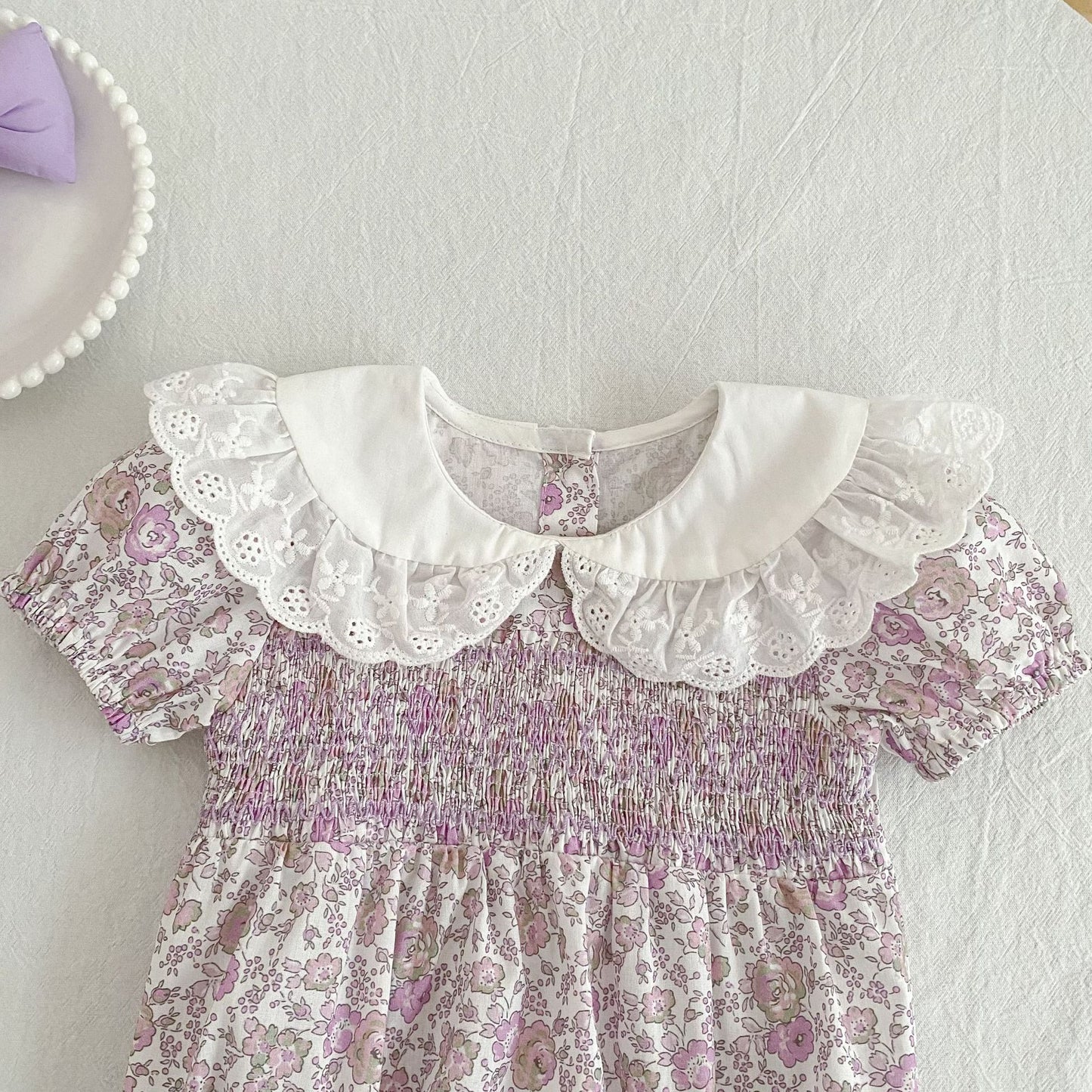 Floral Lace Collar Dress Romper Vestido con cuello de volantes y mangas cortas Mameluco de manga corta【mh0013156】
