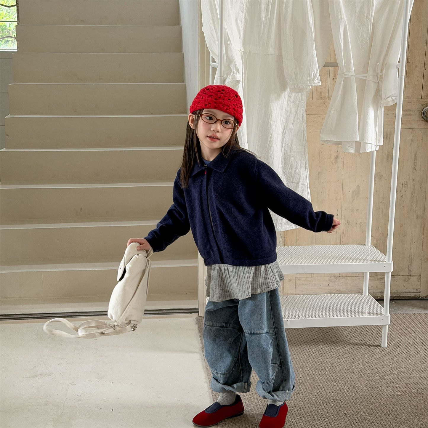 Kids' Polka Dot Collared Button-Up Long-Sleeve Knit Cardigan [mh0014056]