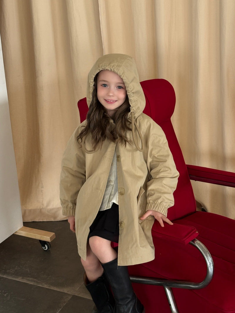 Kids' Hooded Front-Button Long-Sleeve Trench Coat [mh0014069]